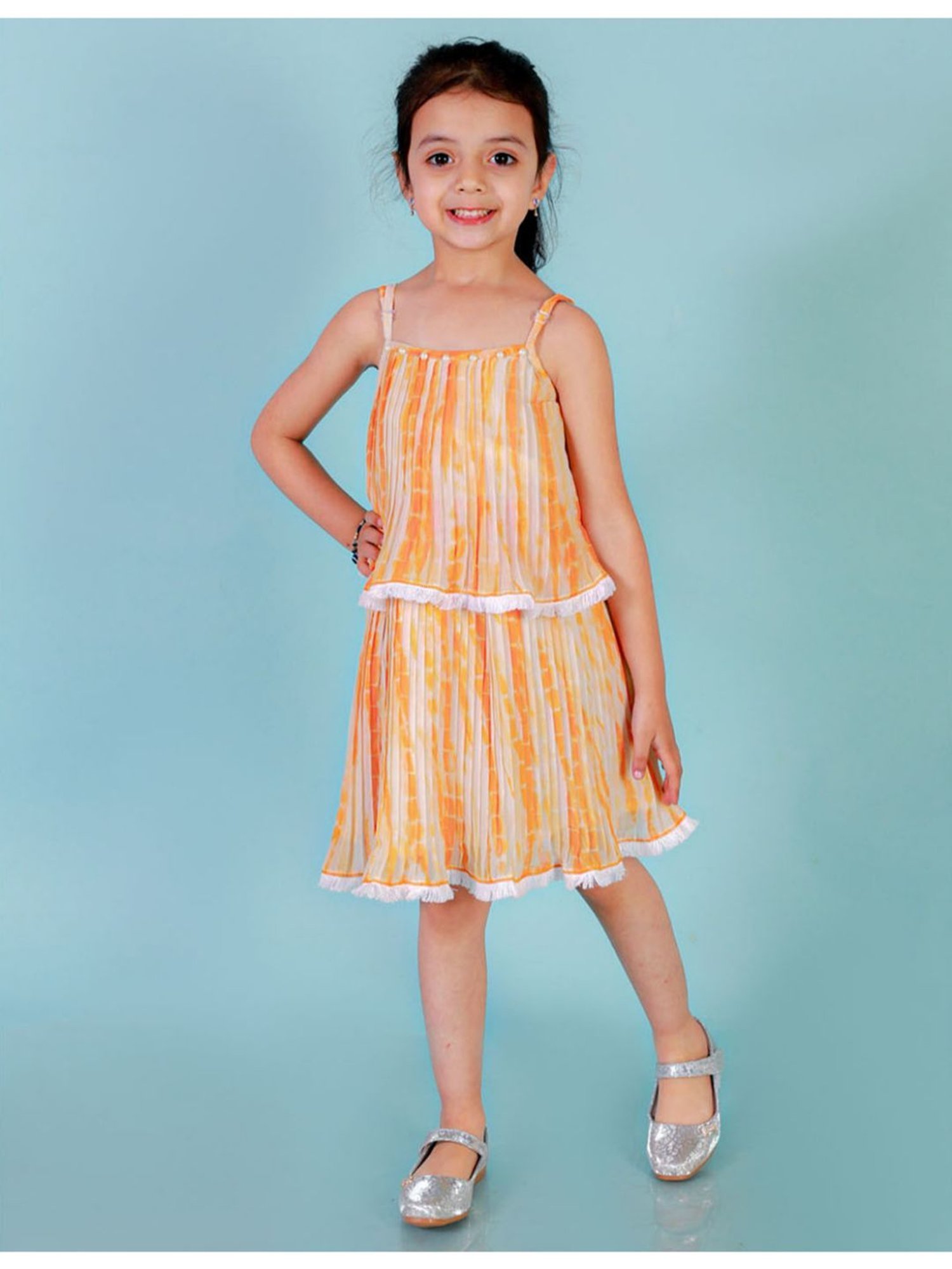 Lil Drama Kids Orange & White Printed Dress