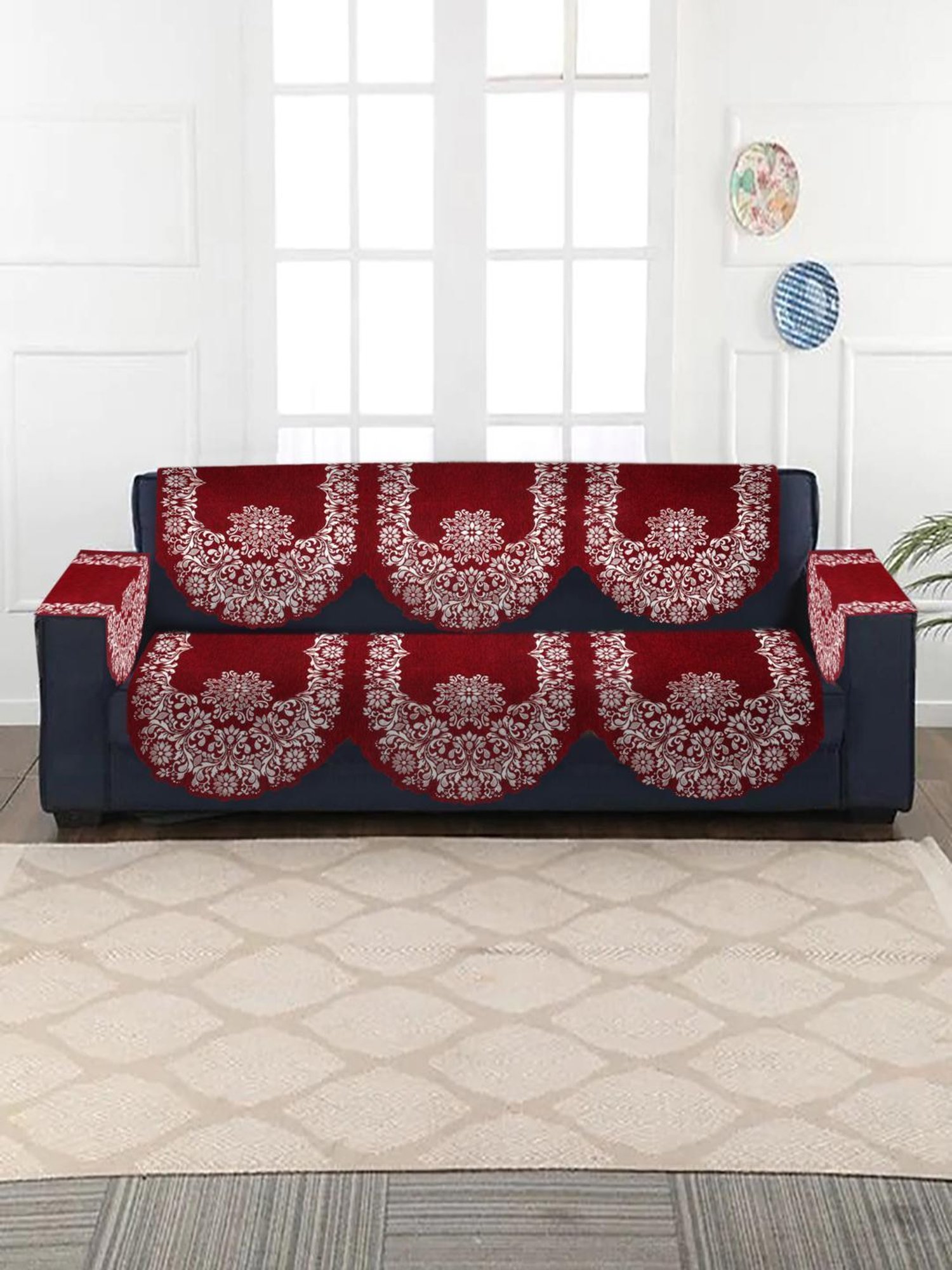 HOSTA HOMES Woven Maroon & White 5 Seater With Arm Rest Sofa Cover