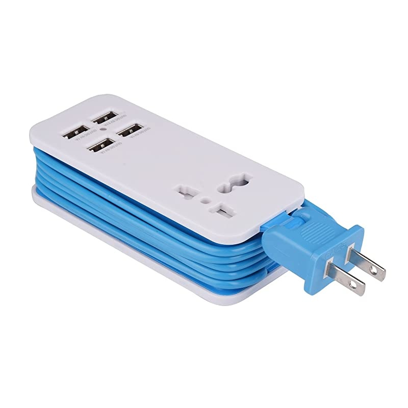 USB Power Strip, 4 Port USB Charger Station 5V 2.1A-1A 21W Travel Charging Strip Outlets 5ft Extension Power Supply Cord with Universal Flat Wall Plug 100V-240V Input USB Power Sockets (Blue)