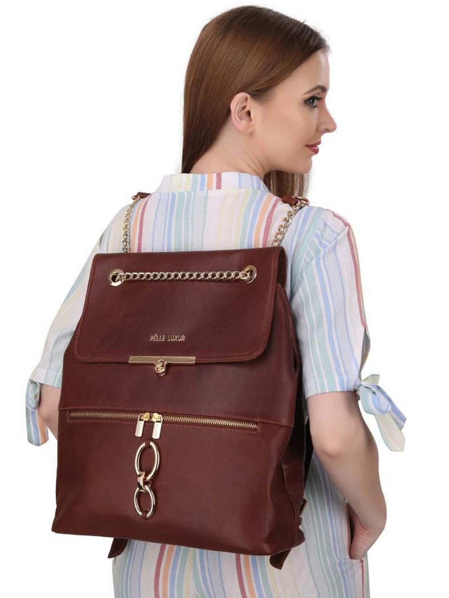 PELLE LUXUR Brown Leather Medium Backpack