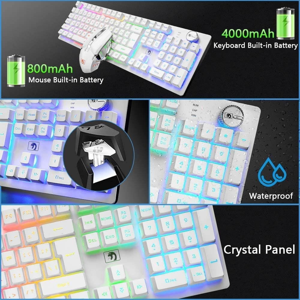 FELiCON Rechargeable Gaming Wireless Keyboard and Mouse Set Rainbow RGB LED Backlit Suspended Keycap Mechanical Feel 4800mAh Large Capacity Lithium Battery for Mac PC Laptop Computer Game Work Office