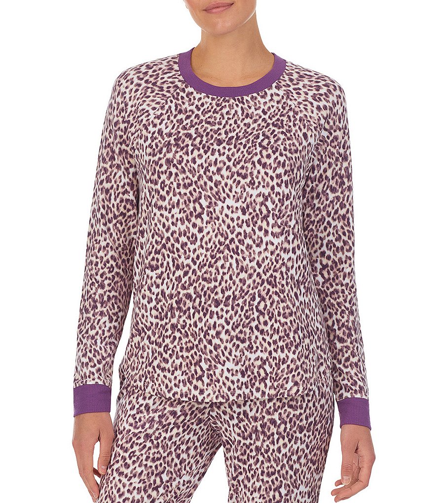 Kensie Jersey Animal Print Knit Crew Neck Long Raglan Sleeve Sleep Top