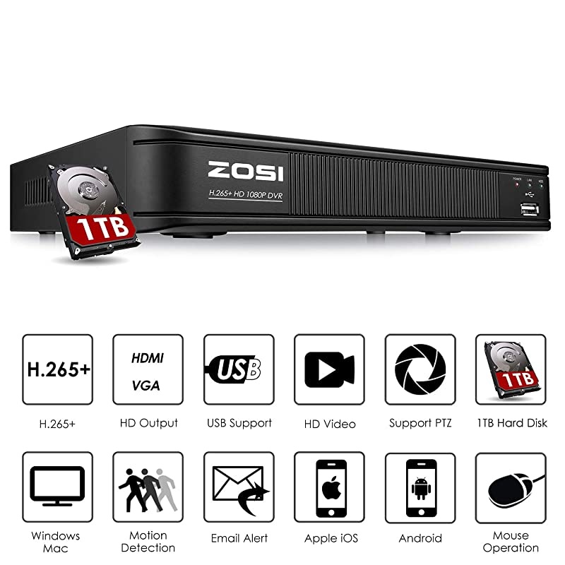 H265+ Home Security Camera System 1080pCCTV DVR 8 Channel with Hard Drive 1TB and 4 x Surveillance Bullet Camera 1080p OutsideRemote Access and Motion Detection