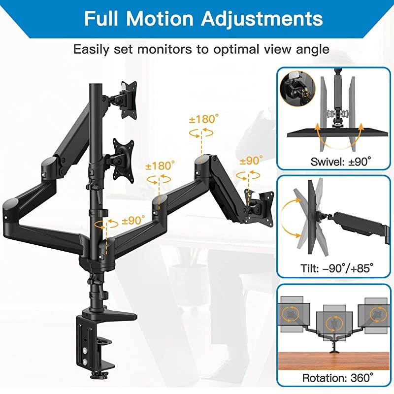 Monitor Stand - Full Motion Articulating Aluminum Gas Spring Monitor Mount Fits Three 17 to 32 inch Flat/Curved LCD Computer Screens with Clamp, Grommet Kit, Black
