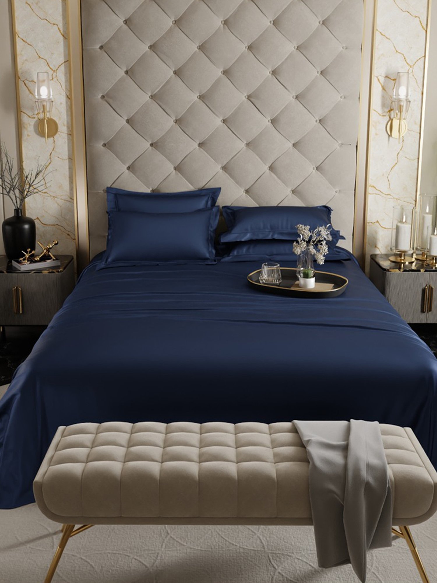 Stoa Paris Date Night Collection 300 TC Navy Sateen Super King Bed Sheet with 4 Pillow Covers