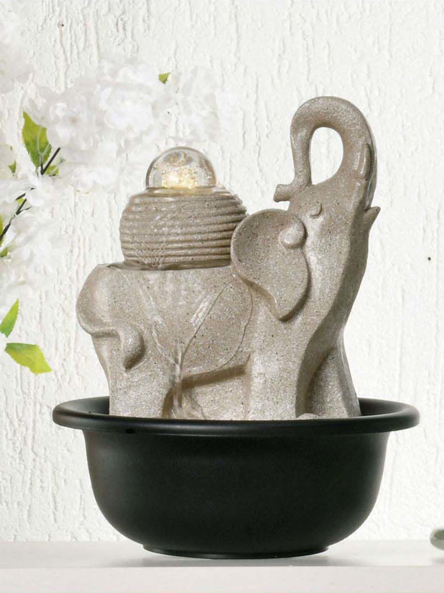 @home Beige Resin Elephant Trunk Decorative Water Fountain With Led Light