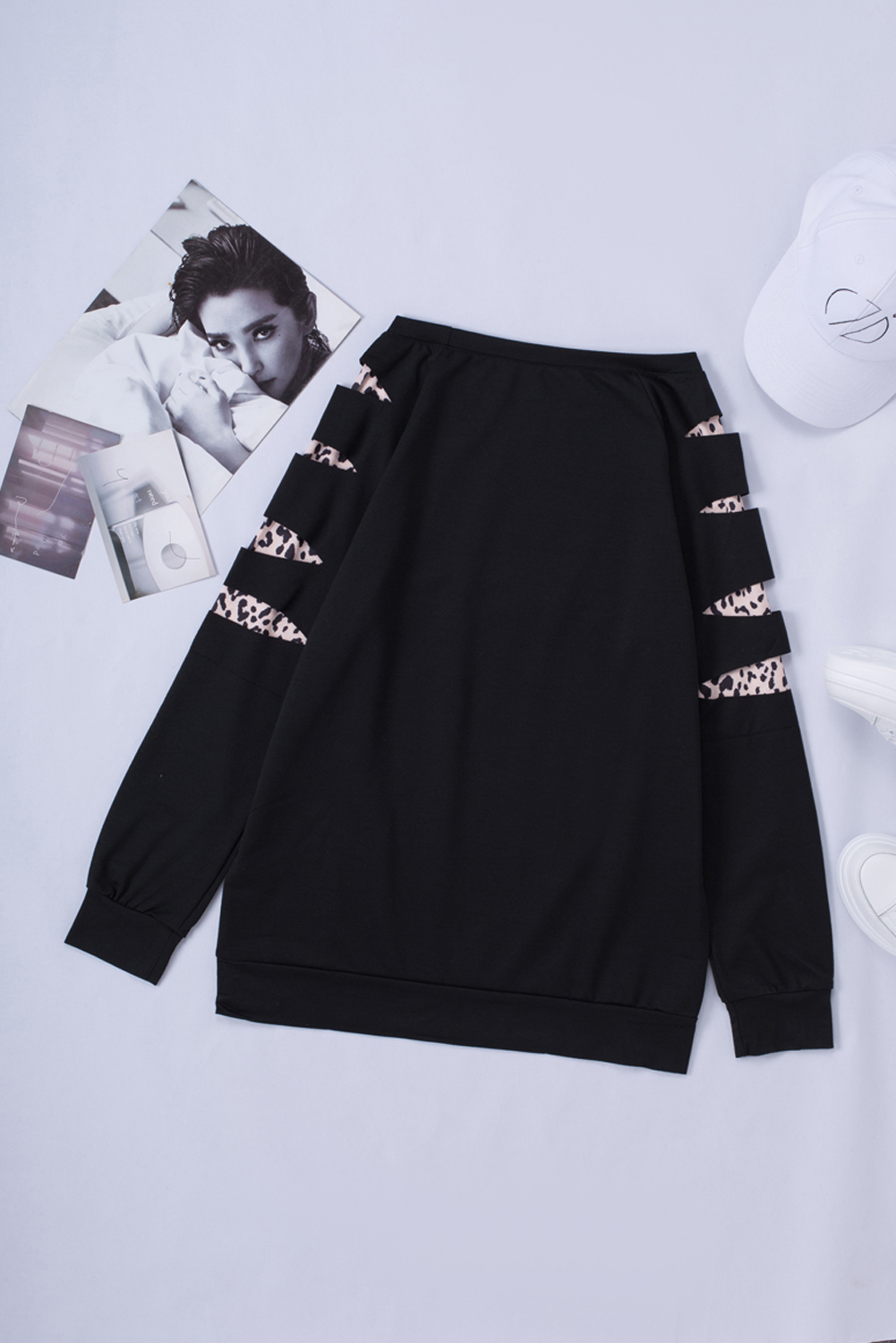 Blank Sweatshirt - Black Plaid Leopard Print Patchwork Long Sleeve Top Customized