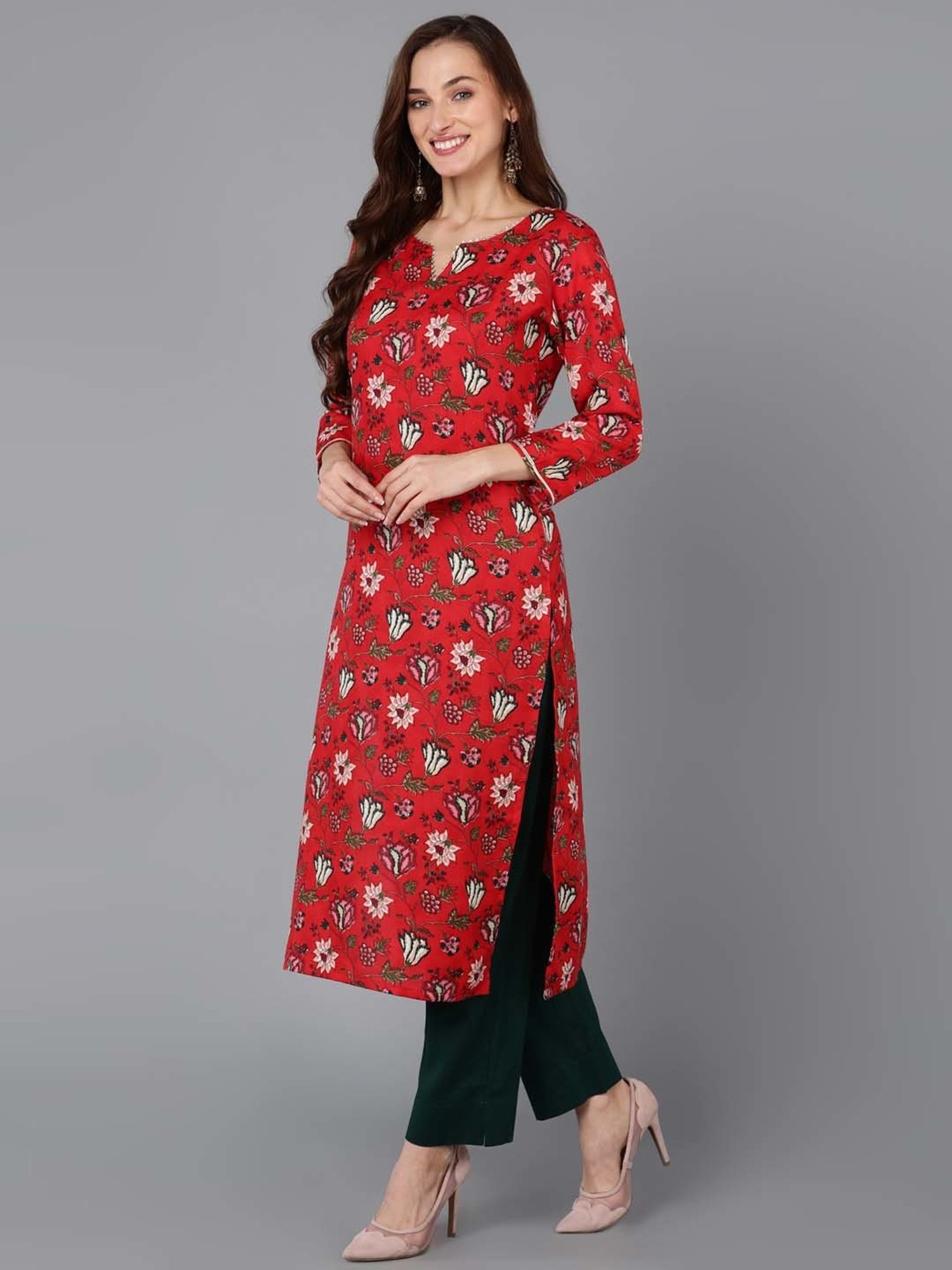 Vaamsi Red & Green Rayon Floral Print Kurta Pant Set With Dupatta