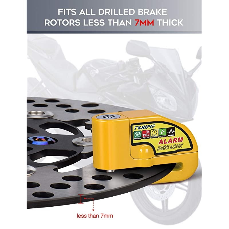Motorcycle Alarm Disc Brake Lock Anti Theft Motorbike Security Wheel Disk Lock for 7mm Brake Rotor with 110db Alarm Sound with 15m5ft Reminder Cable for Harley Davidson etc Yellow