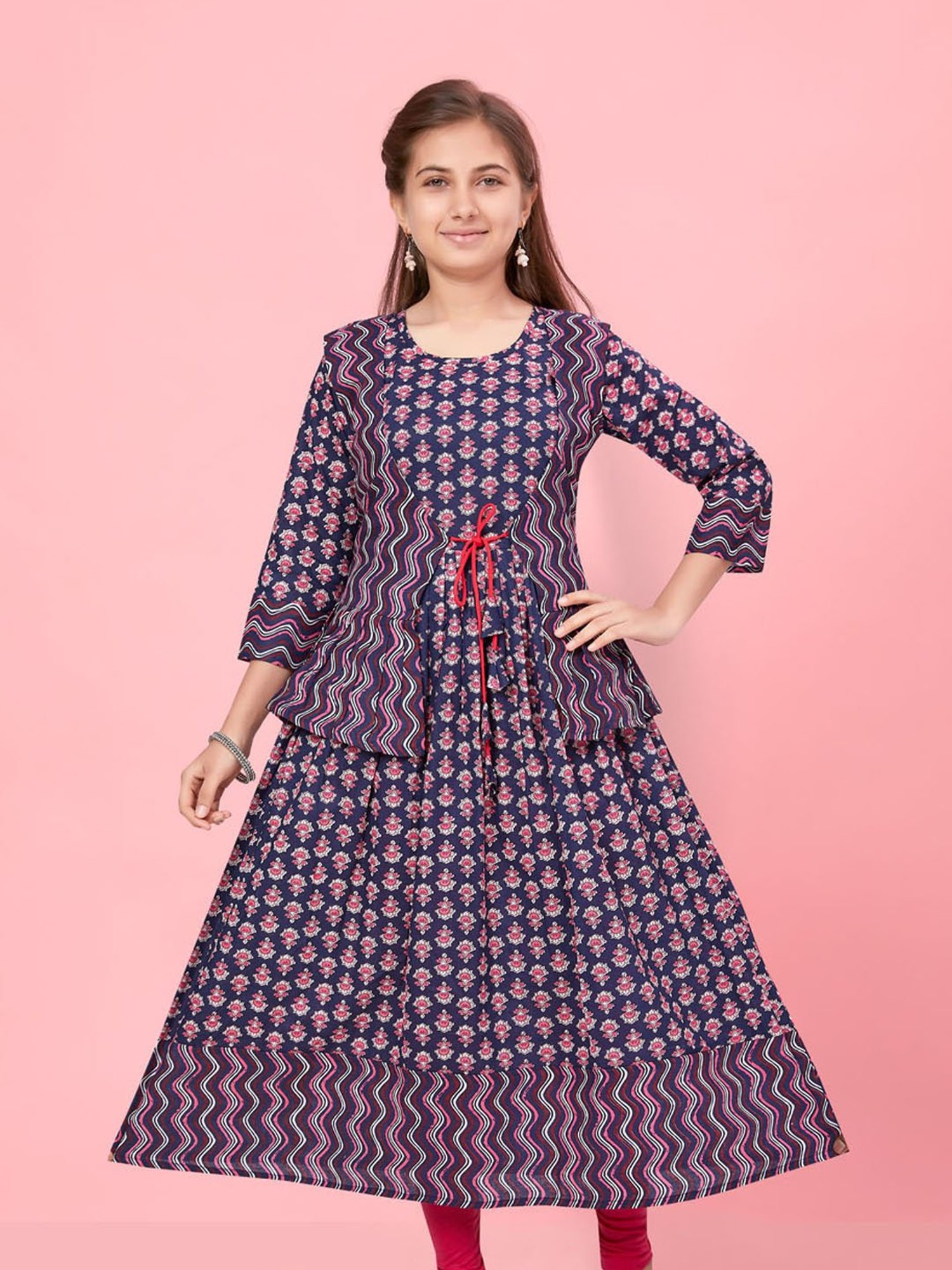 Aarika Kids Navy Floral Print Kurti with Jacket