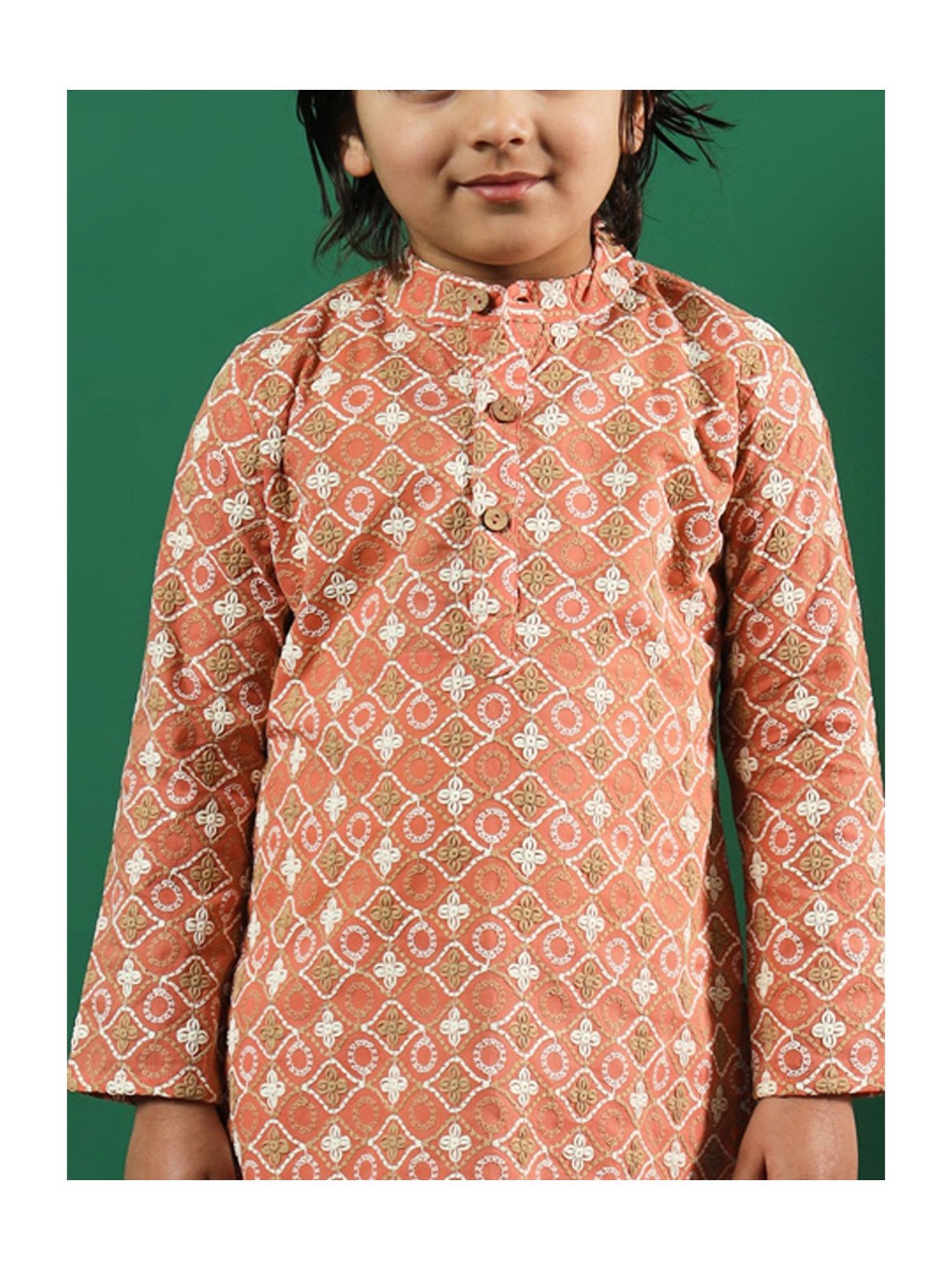 READIPRINT FASHIONS Kids Peach & White Embroidered Full Sleeves Kurta with Pyjamas
