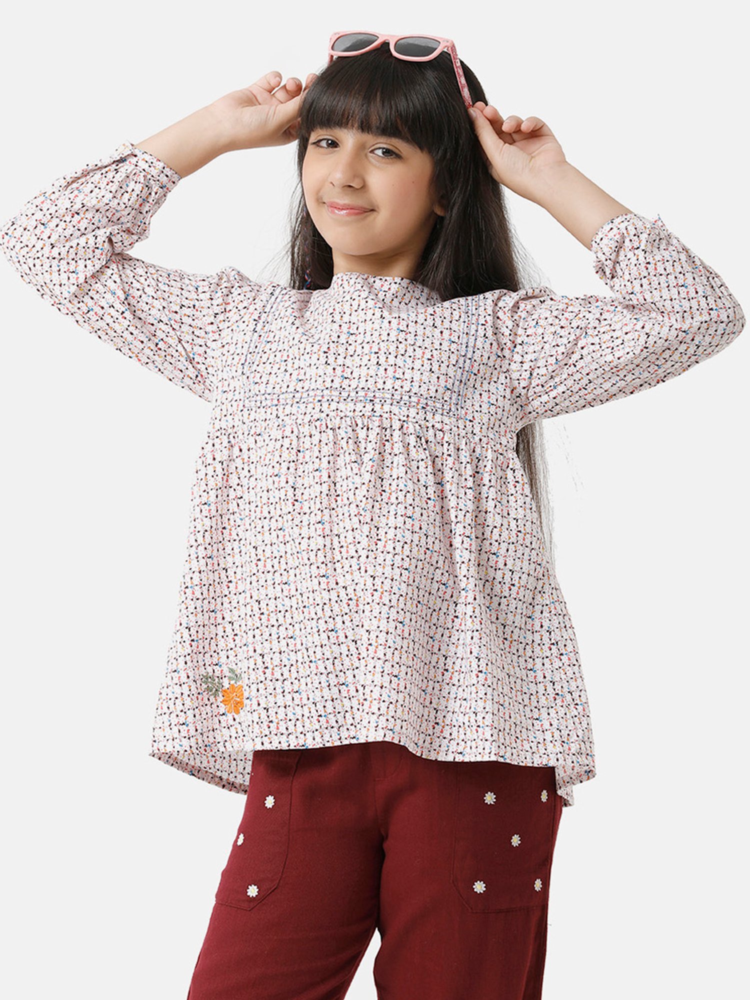 Under Fourteen Only Kids Peach Printed Full Sleeves Top