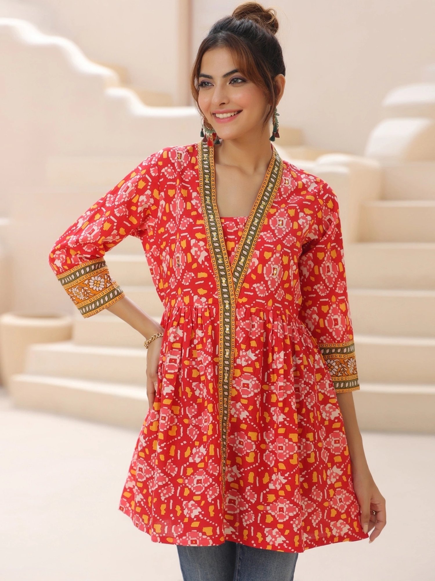 Rain and Rainbow Red Cotton Printed Top