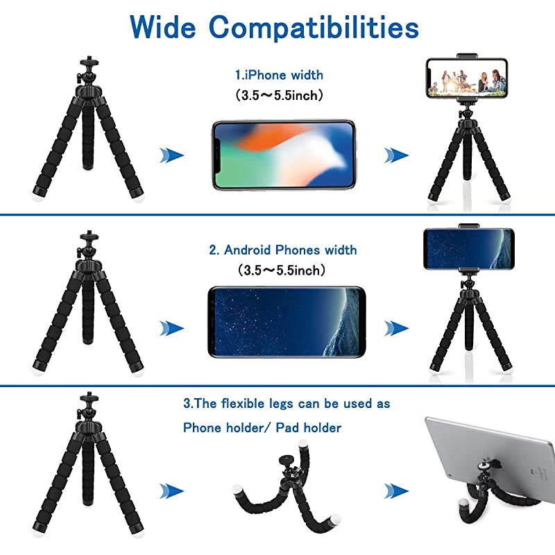 Flexible Phone Tripod with Wireless Selfie Remote Shutter Portable and Adjustable Phone Tripod Stand with Universial Phone Clip Mini Tripod Stand Holder Compatible with iPhoneAndroid Samsung