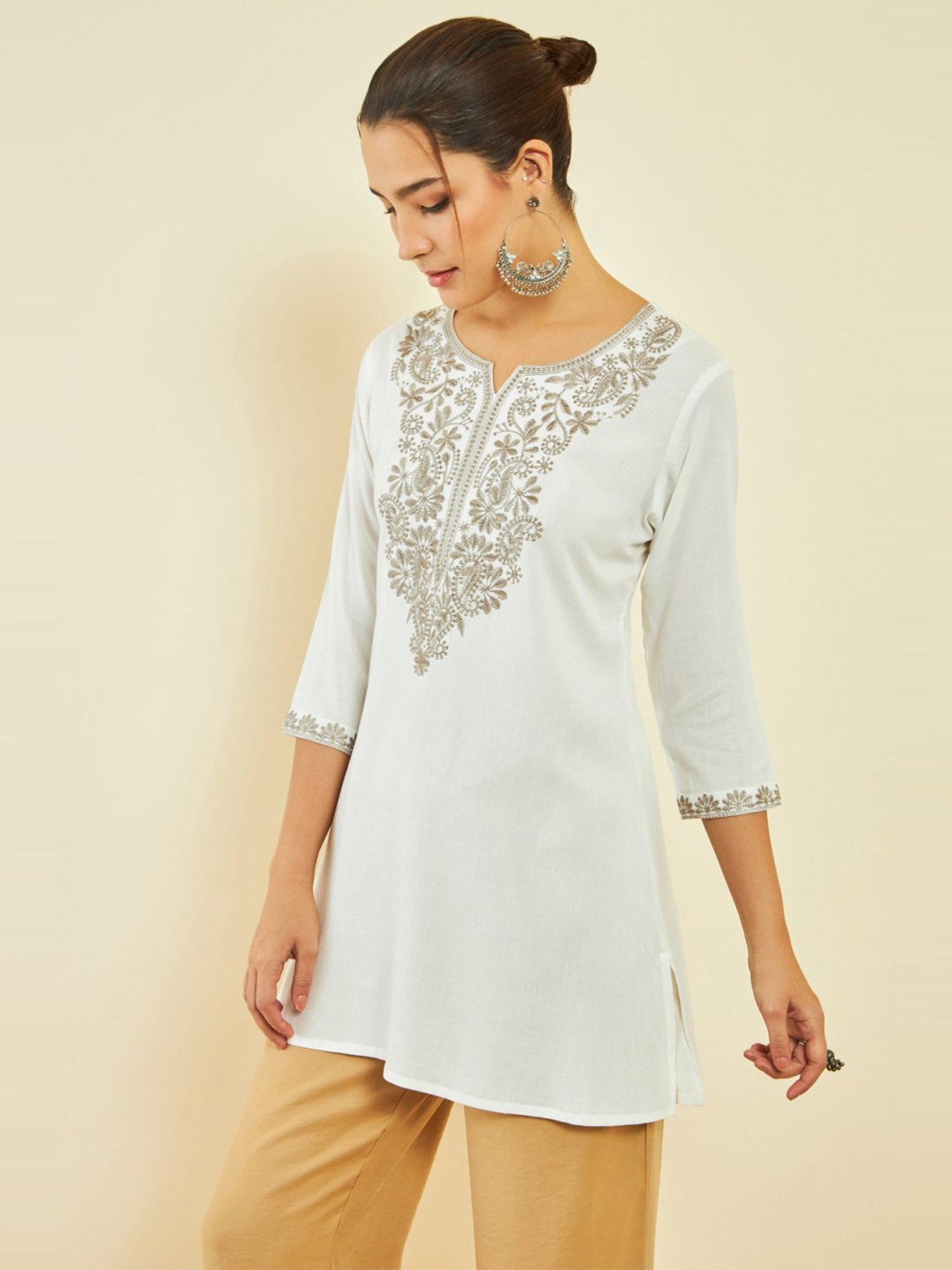 Soch Off White Rayon Paisley Embroidered A-Line Tunic with Vented Hemline