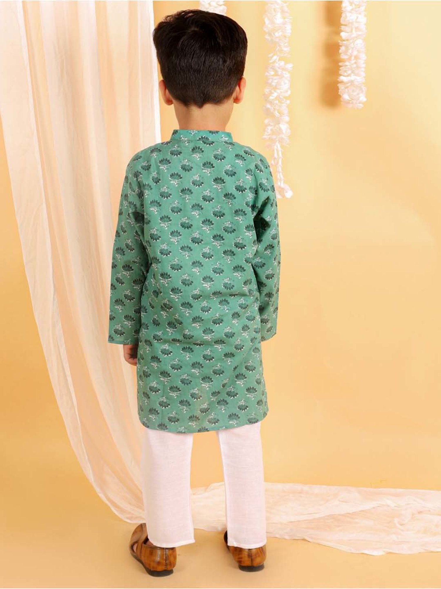 The Mom Store Kids Teal Blue & White Cotton Printed Full Sleeves Kurta Set