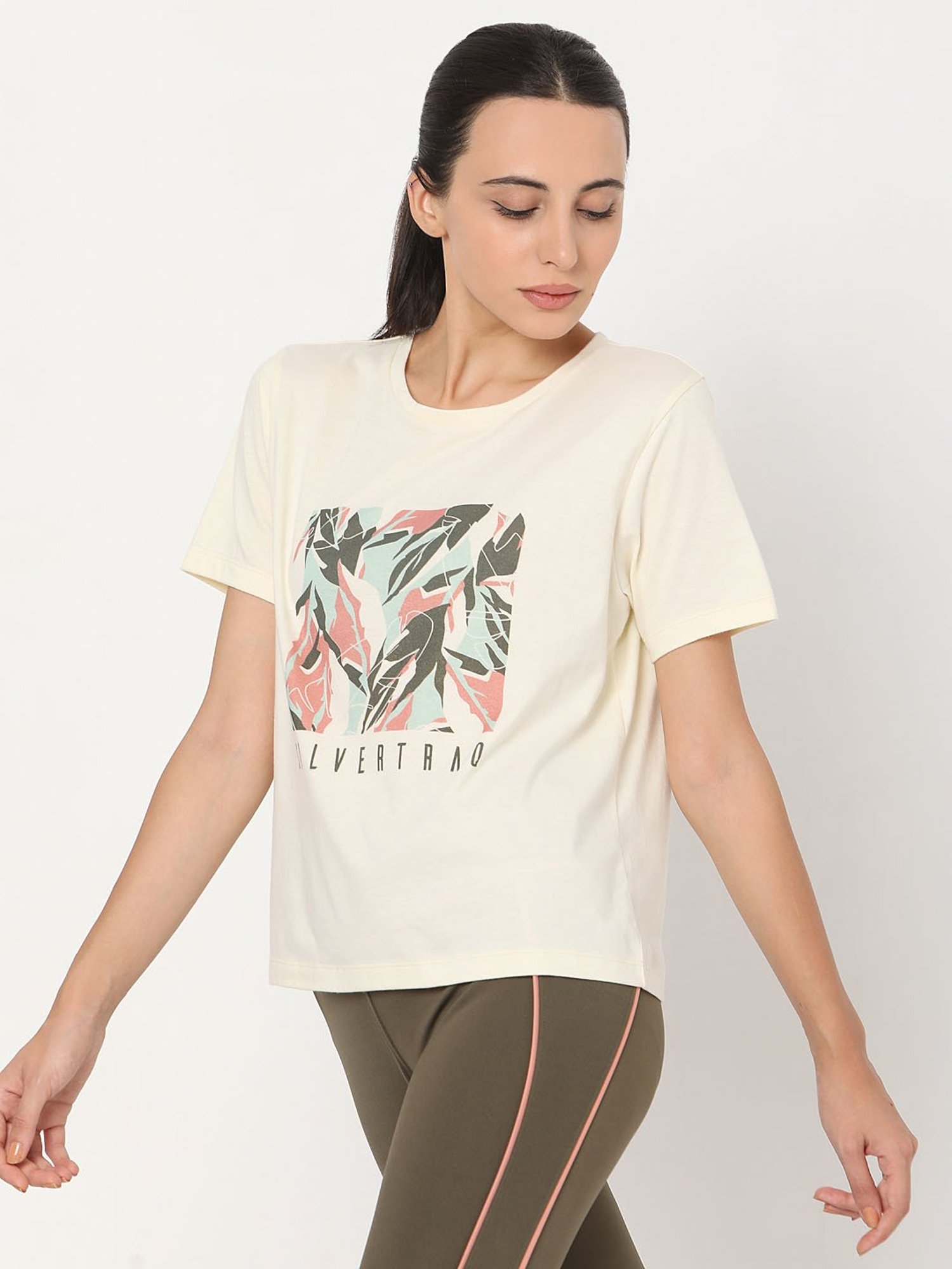 SILVERTRAQ Beige Cotton Printed T-Shirt