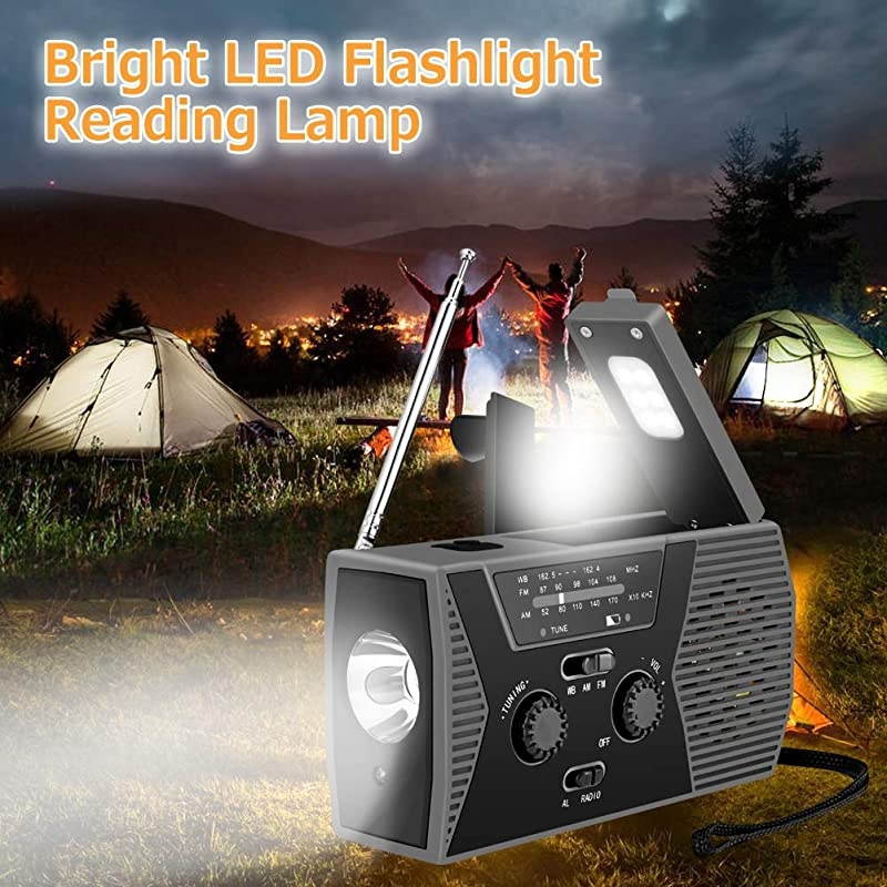 Emergency Solar Hand Crank Portable Radio,AM/FM NOAA Weather Radio for Household and Outdoor Survival with LED Flashlight, 2000mAh USB Charger, Reading Lamp,SOS Alarm(Gray)