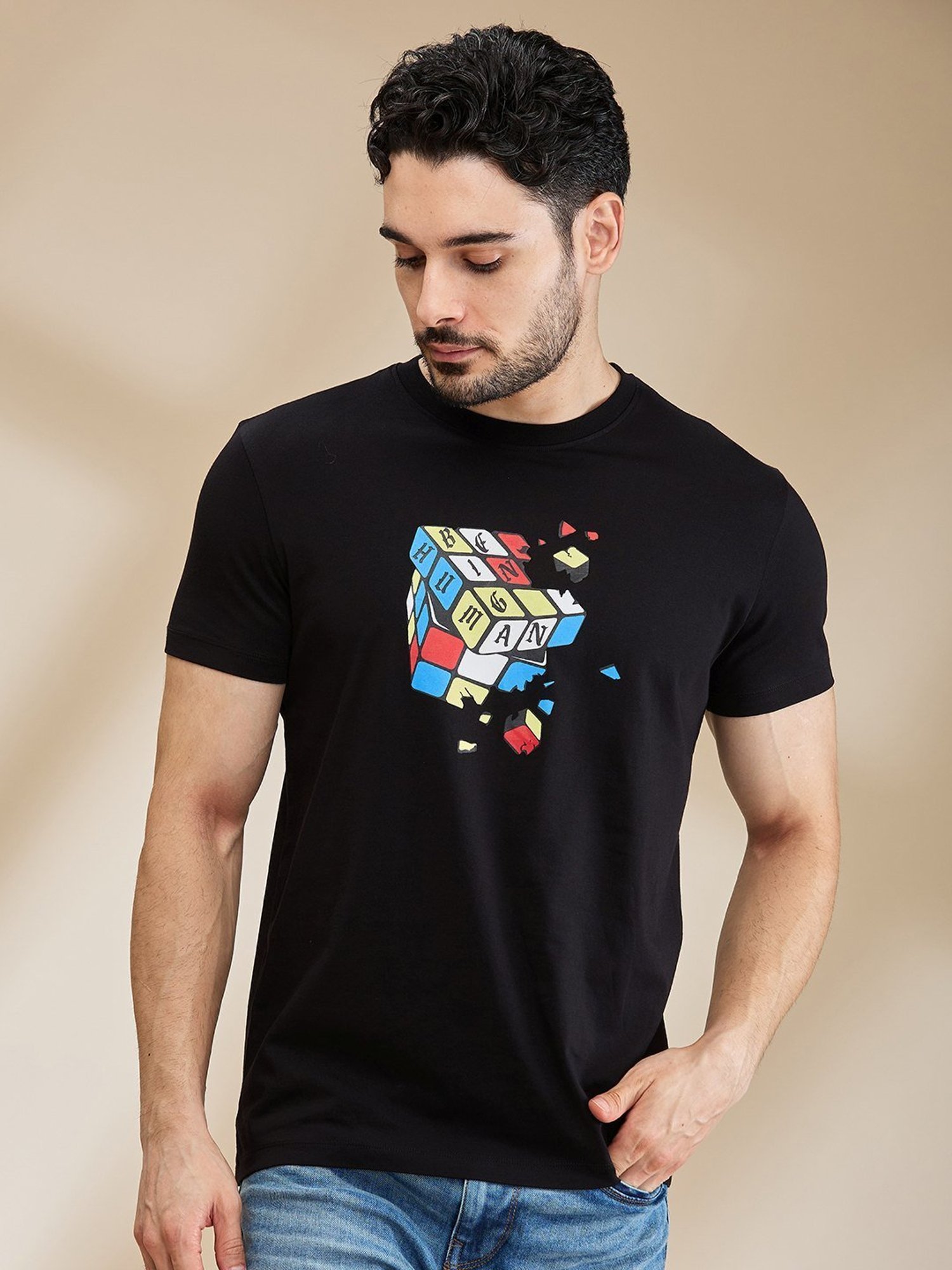 Being Human Black Regular Fit Printed T-Shirt