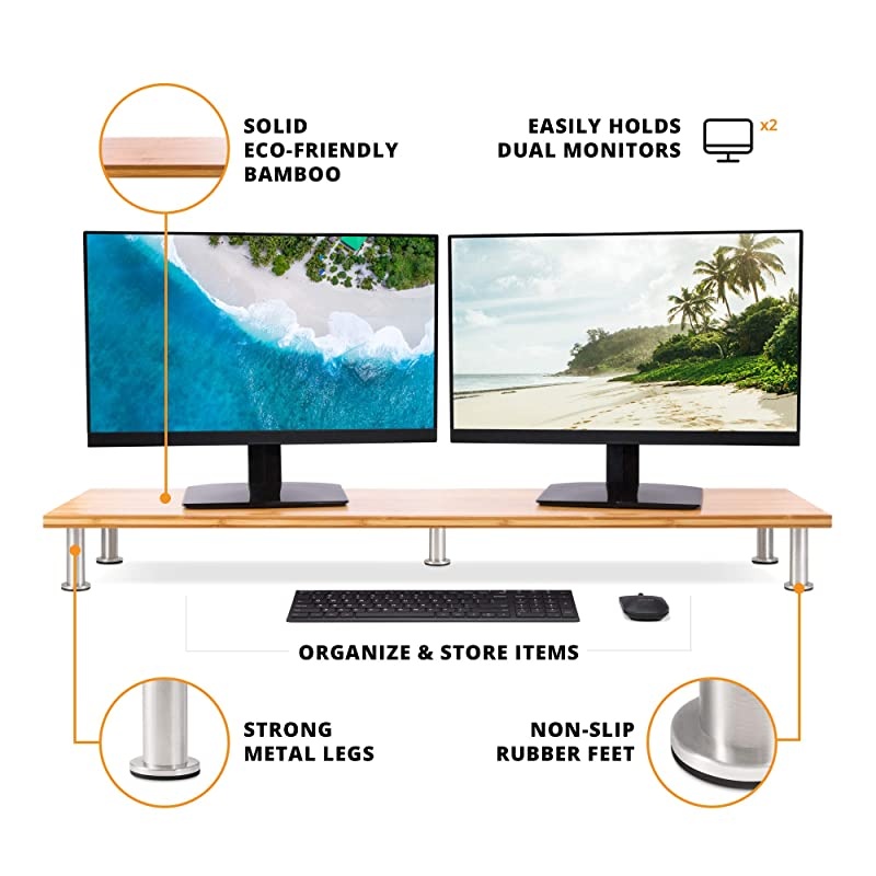 Dual Monitor Stand for Computer Screens Solid Bamboo Riser Supports The Heaviest Monitors Printers Laptops or TVs Perfect Shelf Organizer for Office Desk Accessories TV Stands Natural
