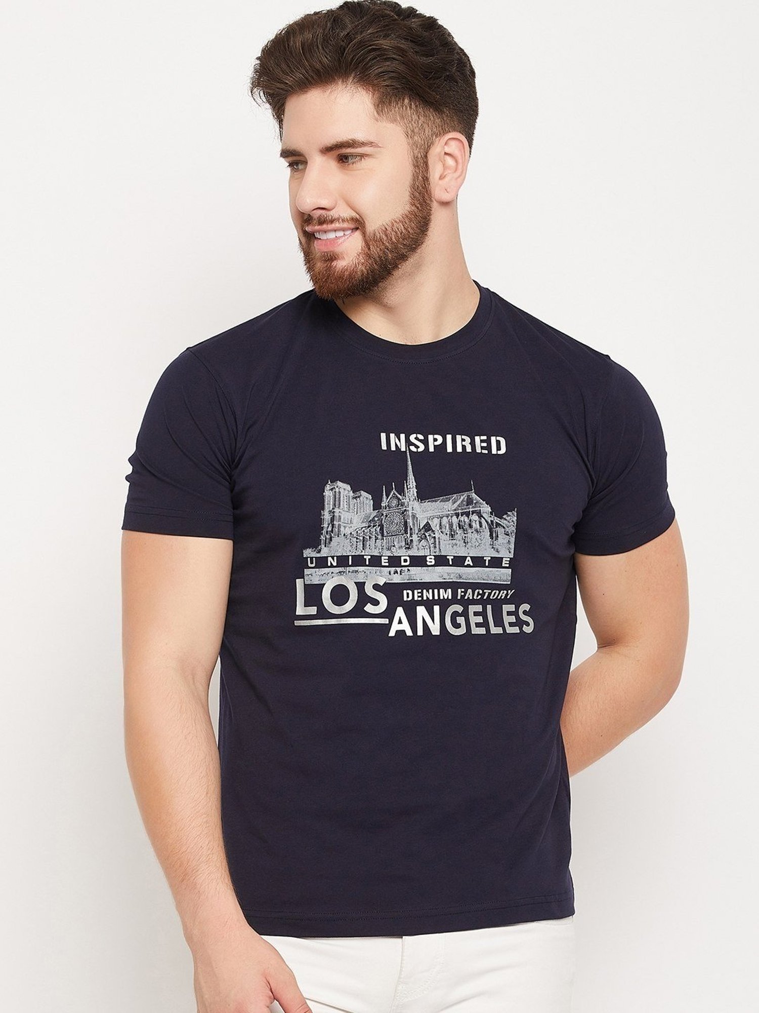 Cantabil Navy Cotton Regular Fit Printed T-Shirt