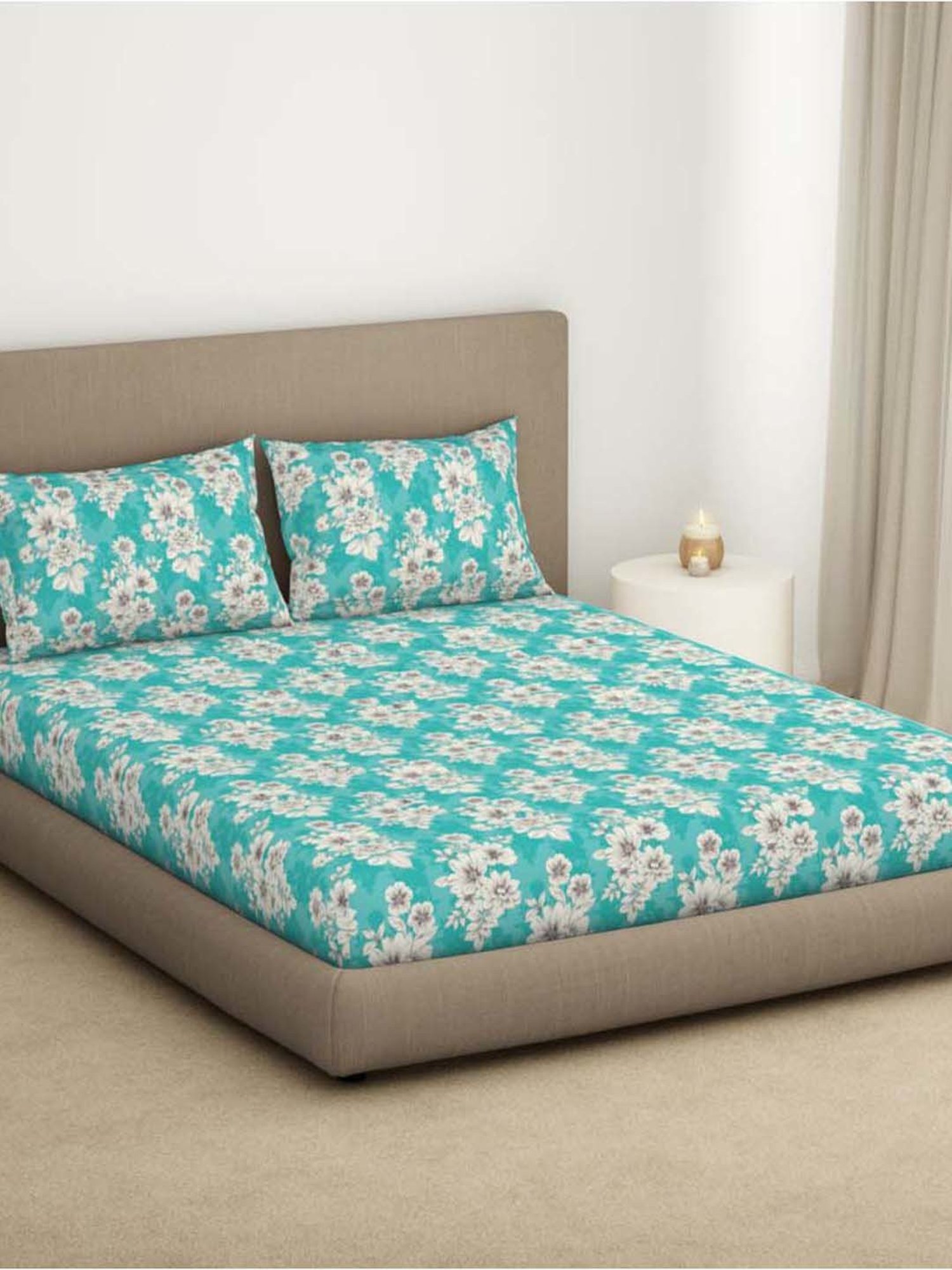 WELSPUN Dazzle Pool Blue Microfiber 140 TC Double Size Bedsheet With Pillow Covers