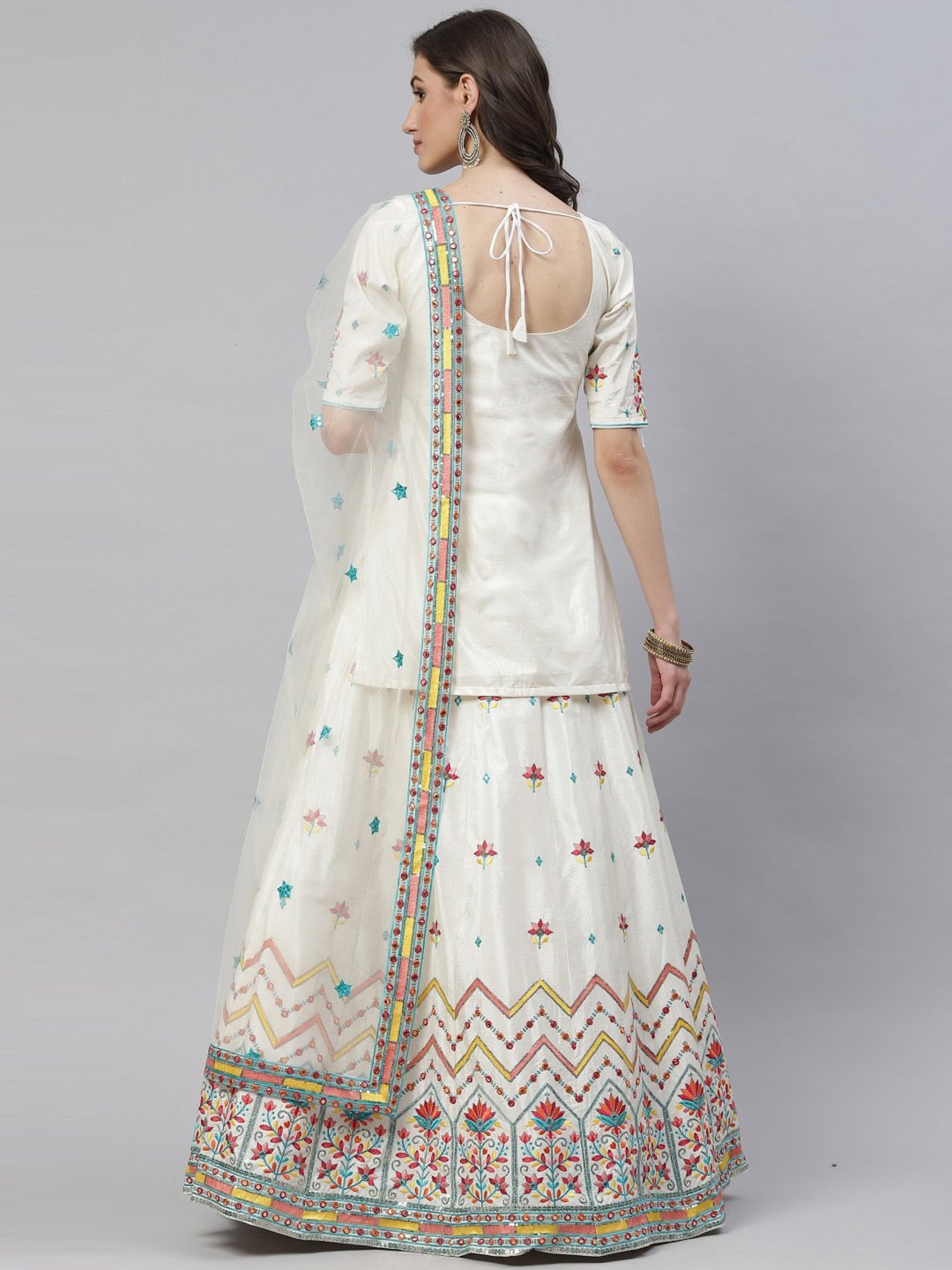 SHUBHKALA Beige Embroidered Lehenga and Choli Set With Dupatta