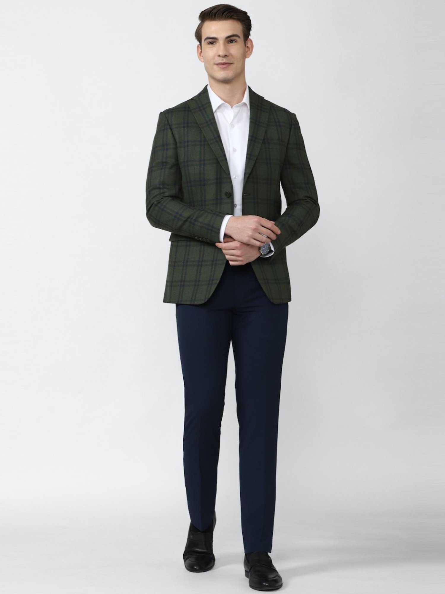 Peter England Green Slim Fit Checks Blazer