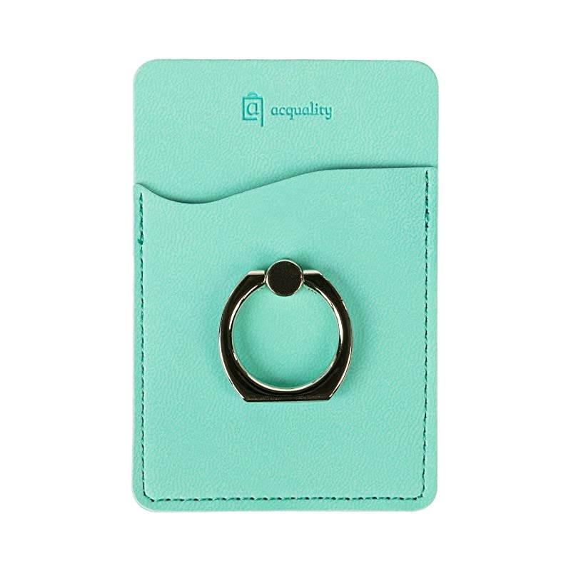 PU Leather Cell Phone WalletPocketCard Holder with Ring Stand for Mobile Devices Adhesive Sticker Back Seafoam