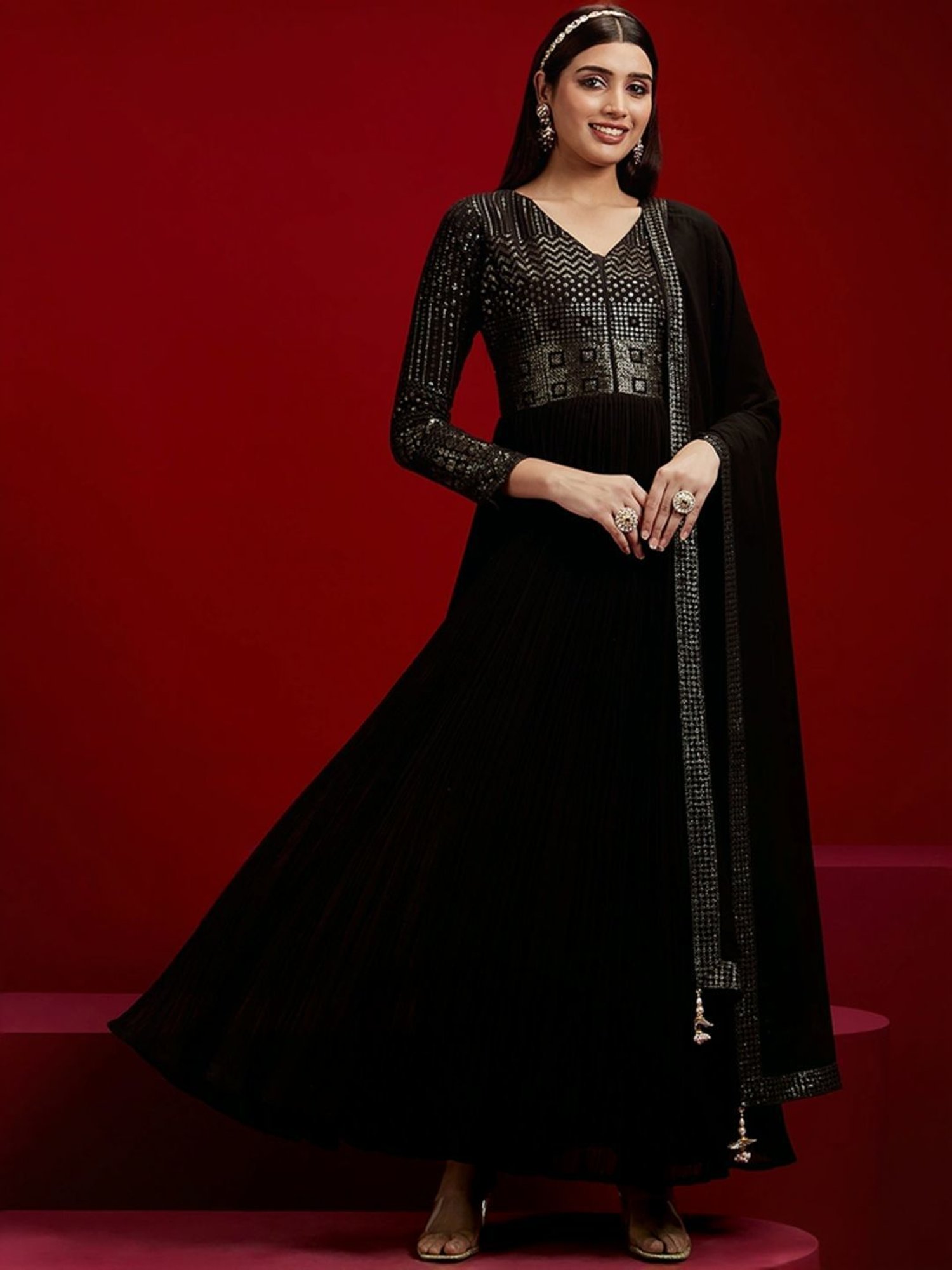 Libas Art Black Embroidered Kurta Pant Set With Dupatta