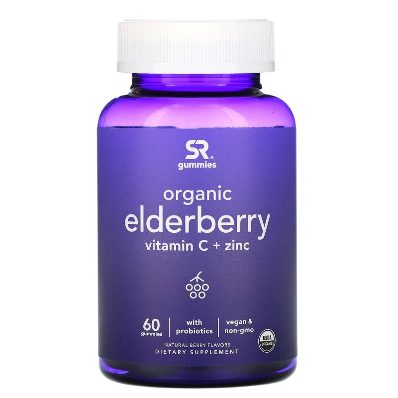 Sports Research Organic Elderberry, Vitamin C + Zinc, Natural Berry Flavors, 60 Gummies, Greens and Superfood Supplements
