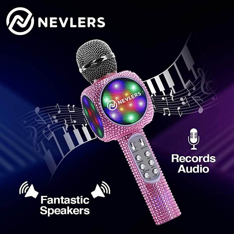 Karaoke Bling Microphone with Wireless Bluetooth Speaker, Voice Changer and Colorful LED Lights, Easy to Use Portable Karaoke Machine for Kids and Adults - Pink Crystal