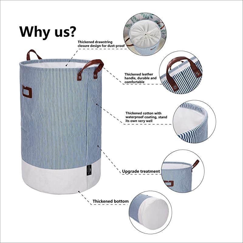 22Inches Thickened XLarge Laundry Basket 9 Colors with Durable Leather Handle Drawstring Waterproof Round Cotton Linen Collapsible Storage Basket Navy Blue XL
