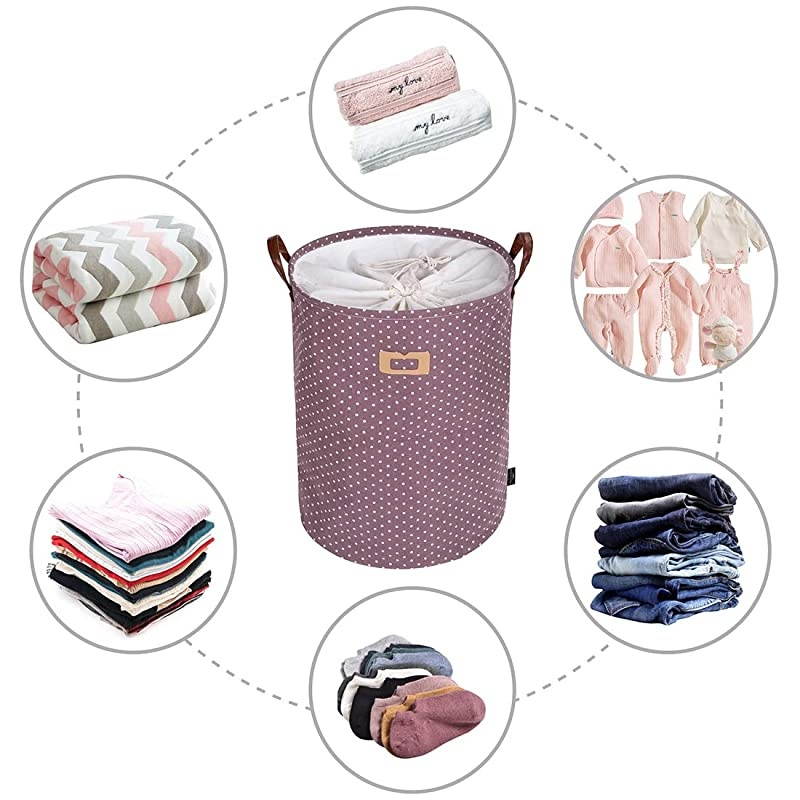 19Inches Thickened Large Laundry Basket 9 Colors with Durable Leather Handle Drawstring Waterproof Round Cotton Linen Collapsible Storage Basket Purple L