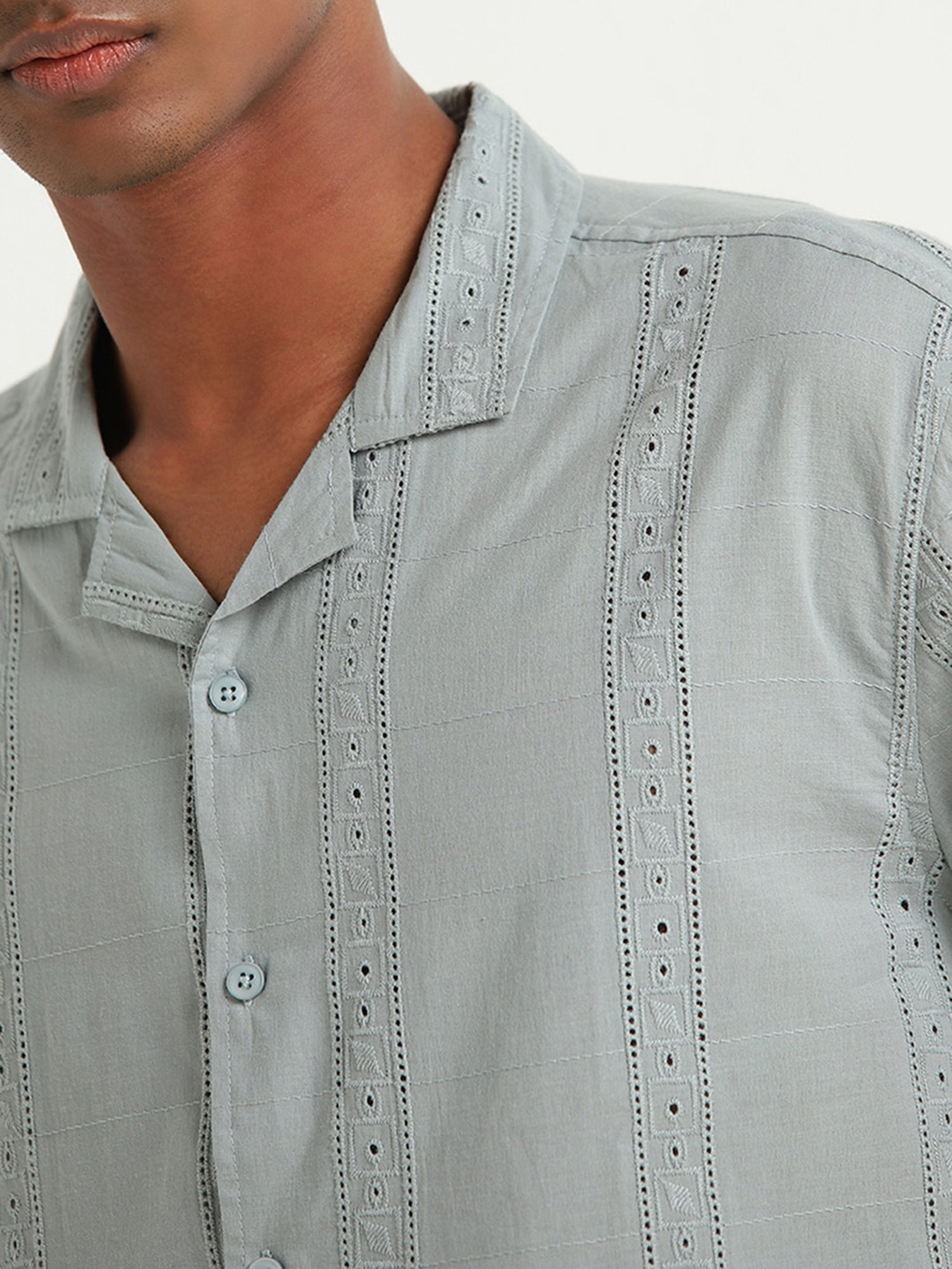 ETA by Westside Dusty Teal Schiffli Design Relaxed-Fit Cotton Shirt