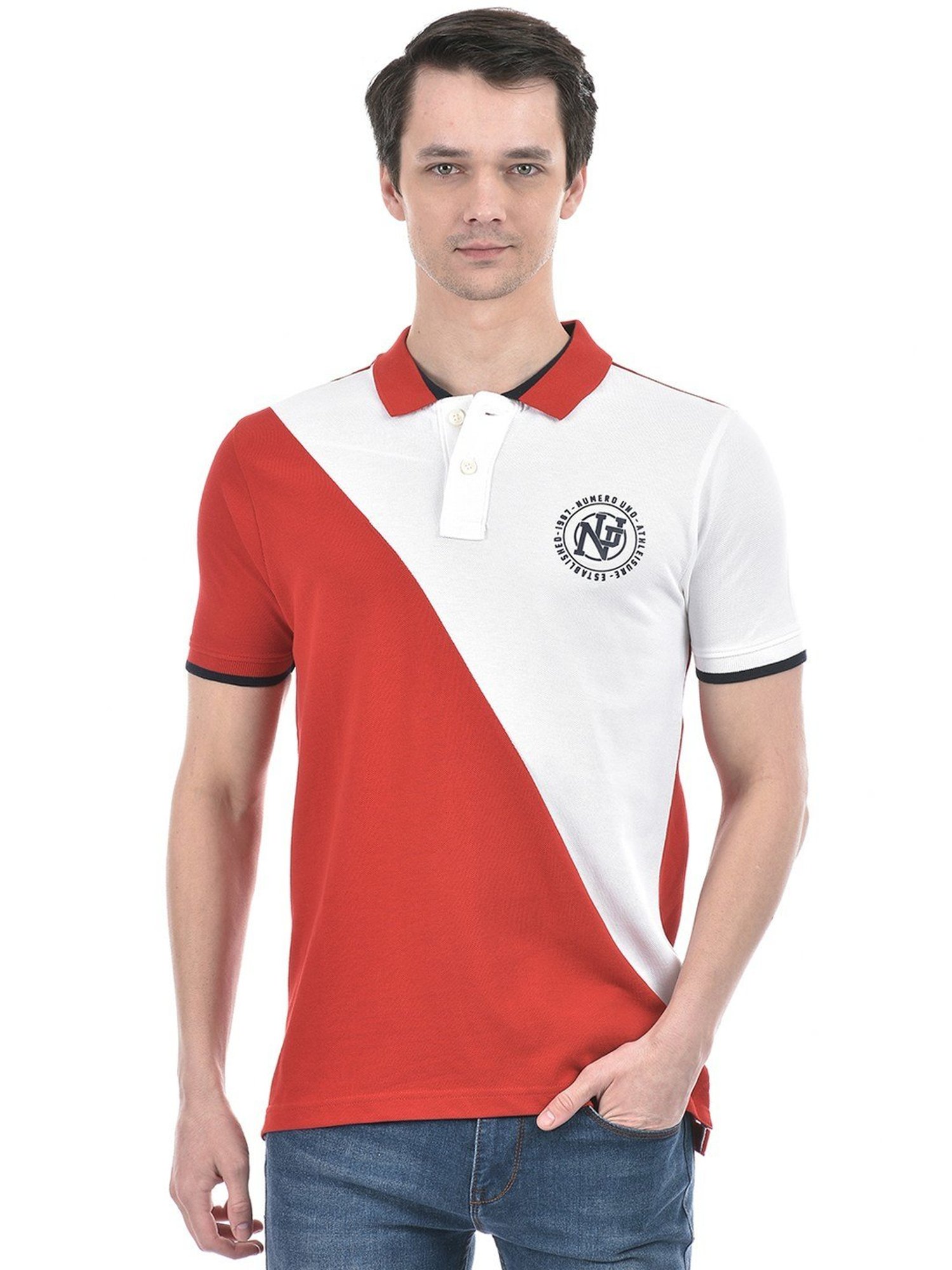 Numero Uno White Cotton Regular Fit Colour Block Polo T-Shirt