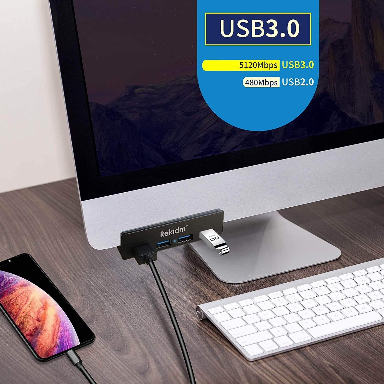 USB Hub 3.0 - Rekidm 4 Port Aluminum USB 3.0 Hub Clamp Design for Desktop Computer PC Table Edge with Durable Adjustable Clip Compact Space-Saving Mountable Desk USB Hub Fast Speed Transfer Black