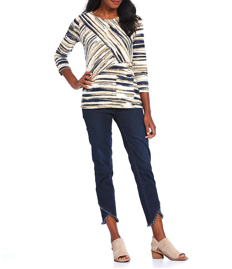 Multiples Watercolor Stripe Boat Neck 3/4 Sleeve Multi Panel Knit Top