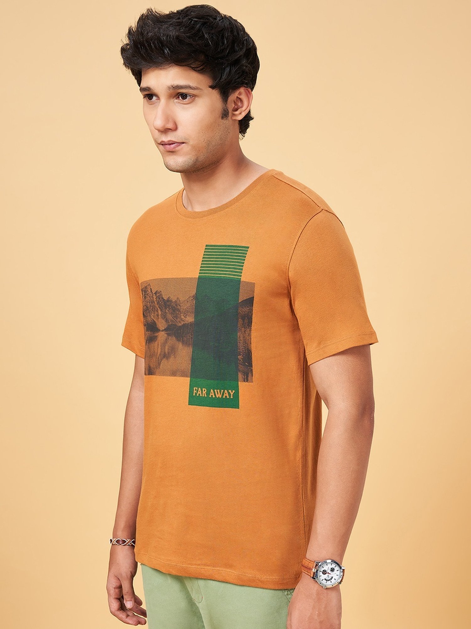 Urban Ranger by Pantaloons Tan Cotton Slim Fit Printed T-Shirt