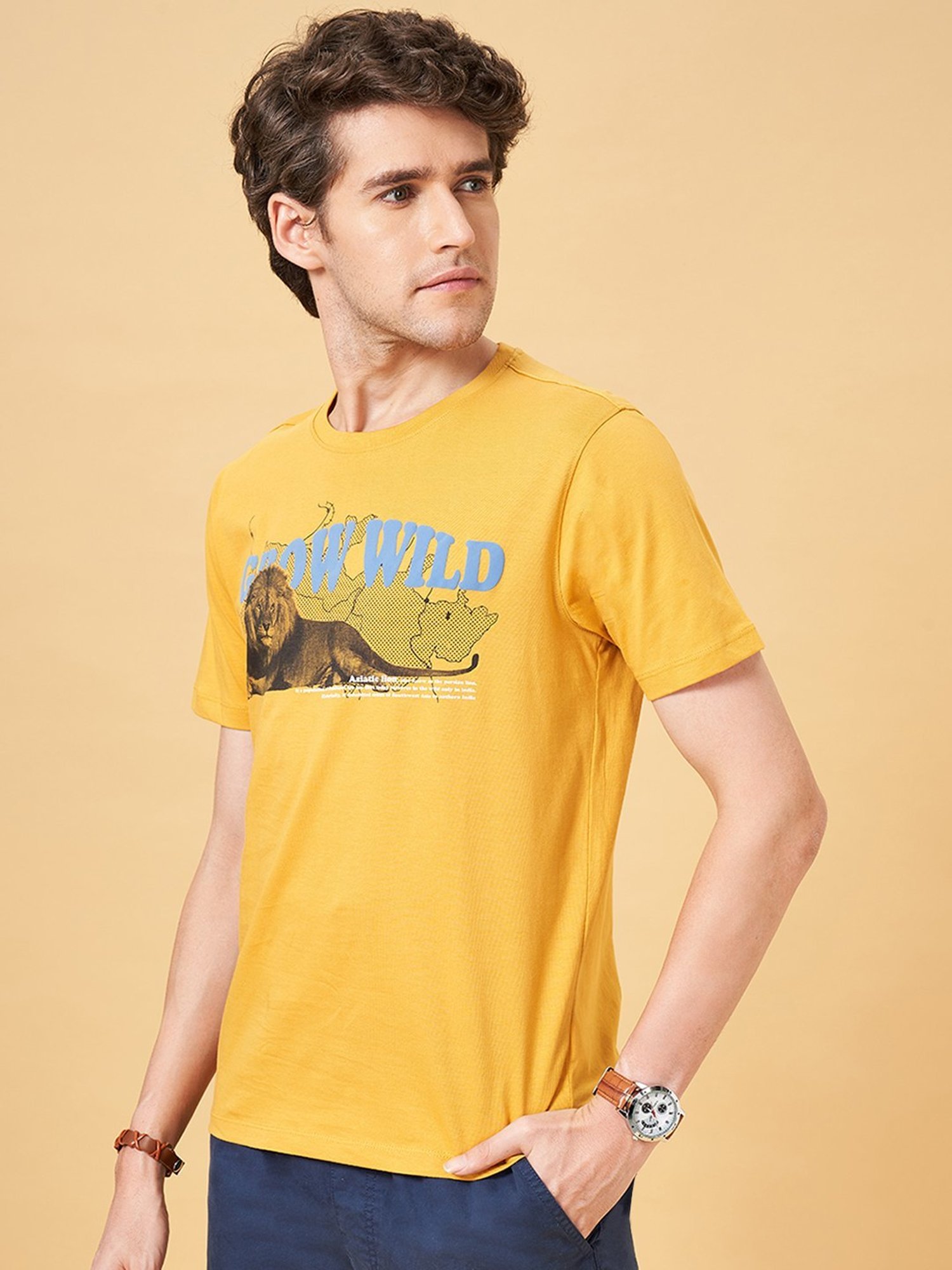 Urban Ranger by Pantaloons Chinese Yellow Cotton Slim Fit Printed T-Shirt
