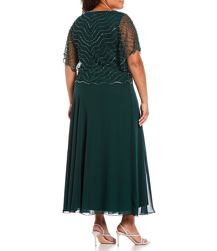 Jkara Plus Size Short Cape Sleeve Lined Round Neck Beaded Gown