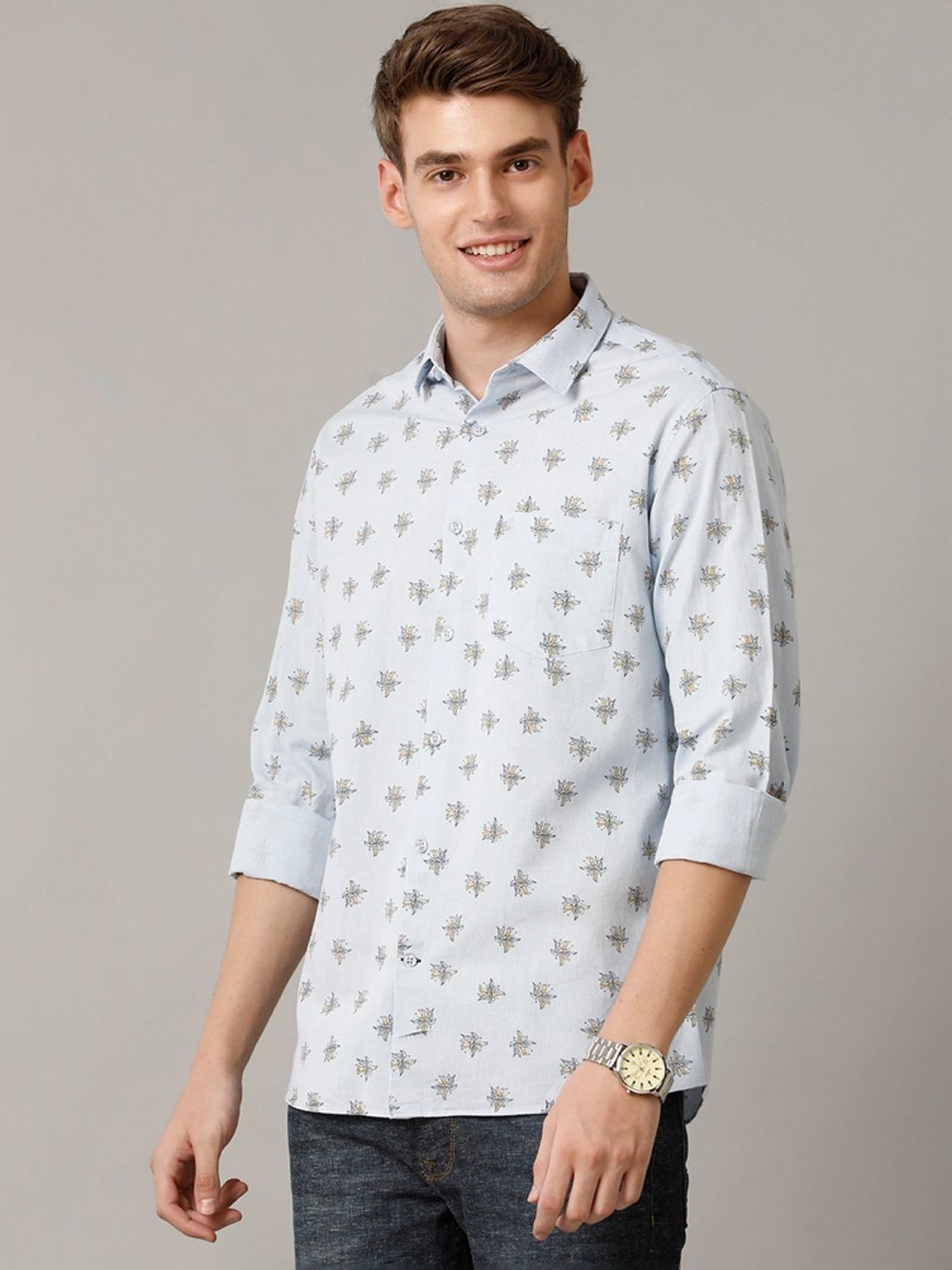 Cavallo By Linen Club Blue Linen Contemporary Fit Printed Shirt