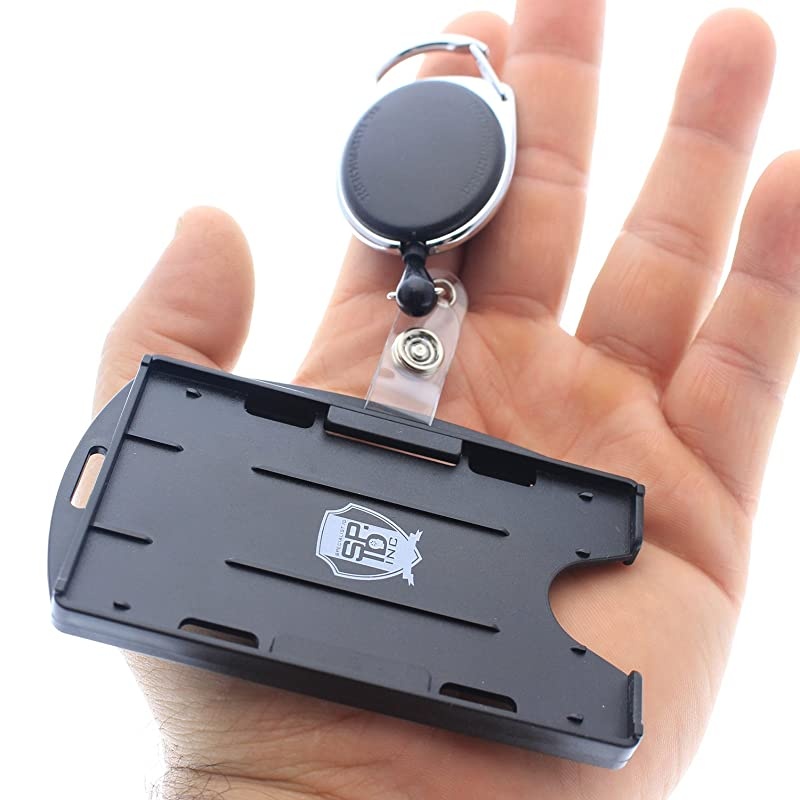 2 Pack Premium Two Card Plastic Badge Holder Vertical or Horizontal with Heavy Duty Retractable Carabiner Clip Badge Reel by  Black