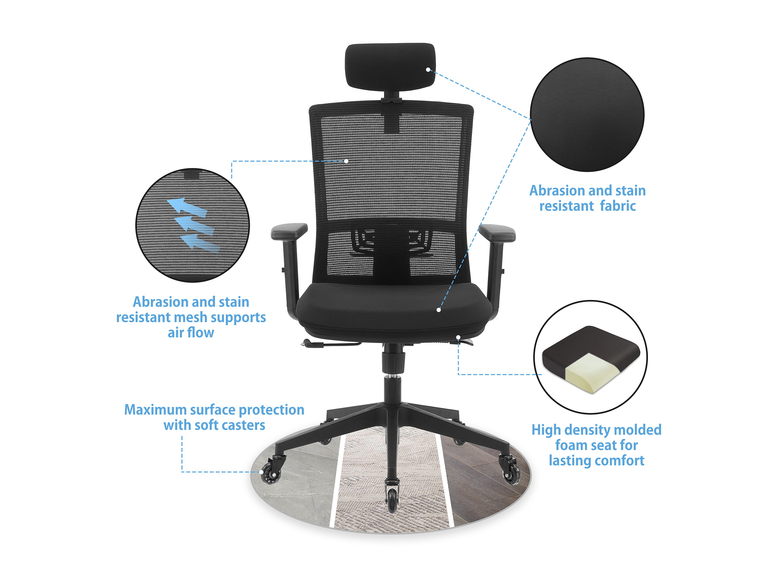 WORKSMYTH Breathable Mesh Ergonomic Office Chair Gaming Chair, Adjustable Headrest Chair Armrest, Lumbar Support and Casters
