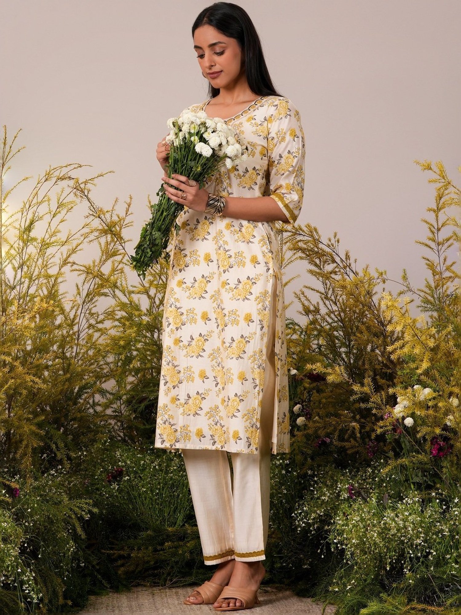 Libas Beige Printed Kurta Palazzo Set