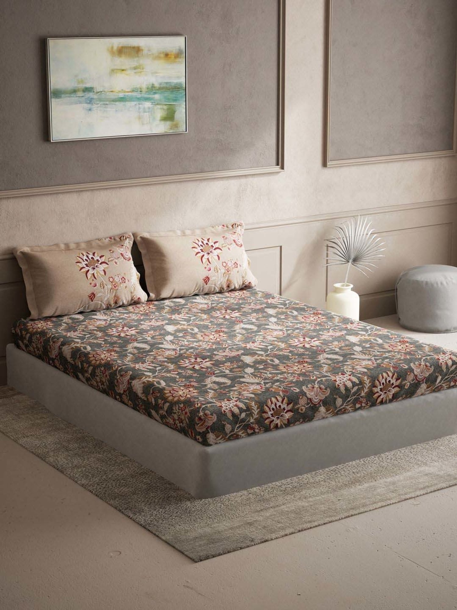 DDecor Jacobean Grace Ethnic Grey Cotton 136 TC Double Bedsheet With 2 Pillow Covers