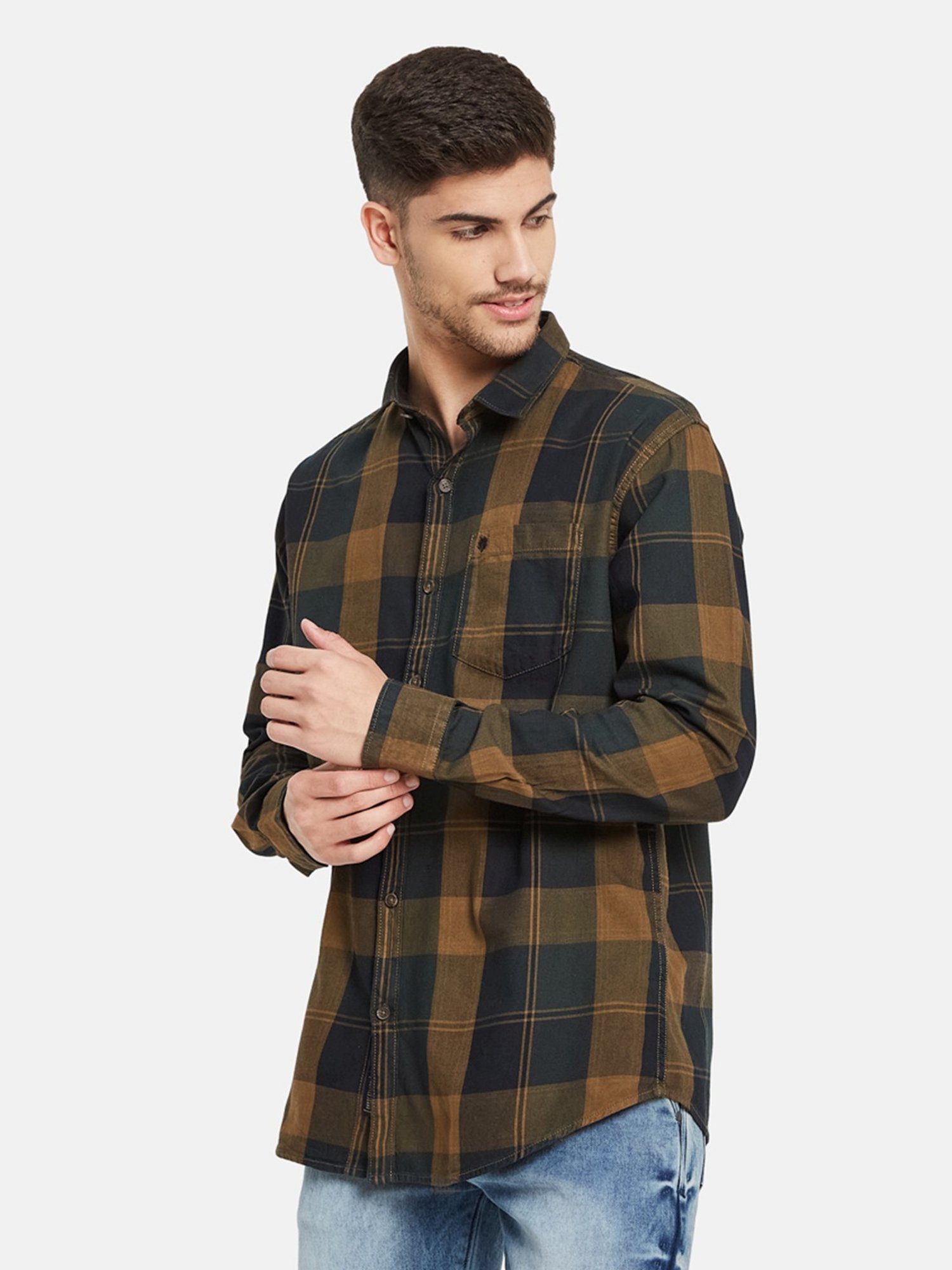 METTLE Espresso Cotton Regular Fit Checks Shirt