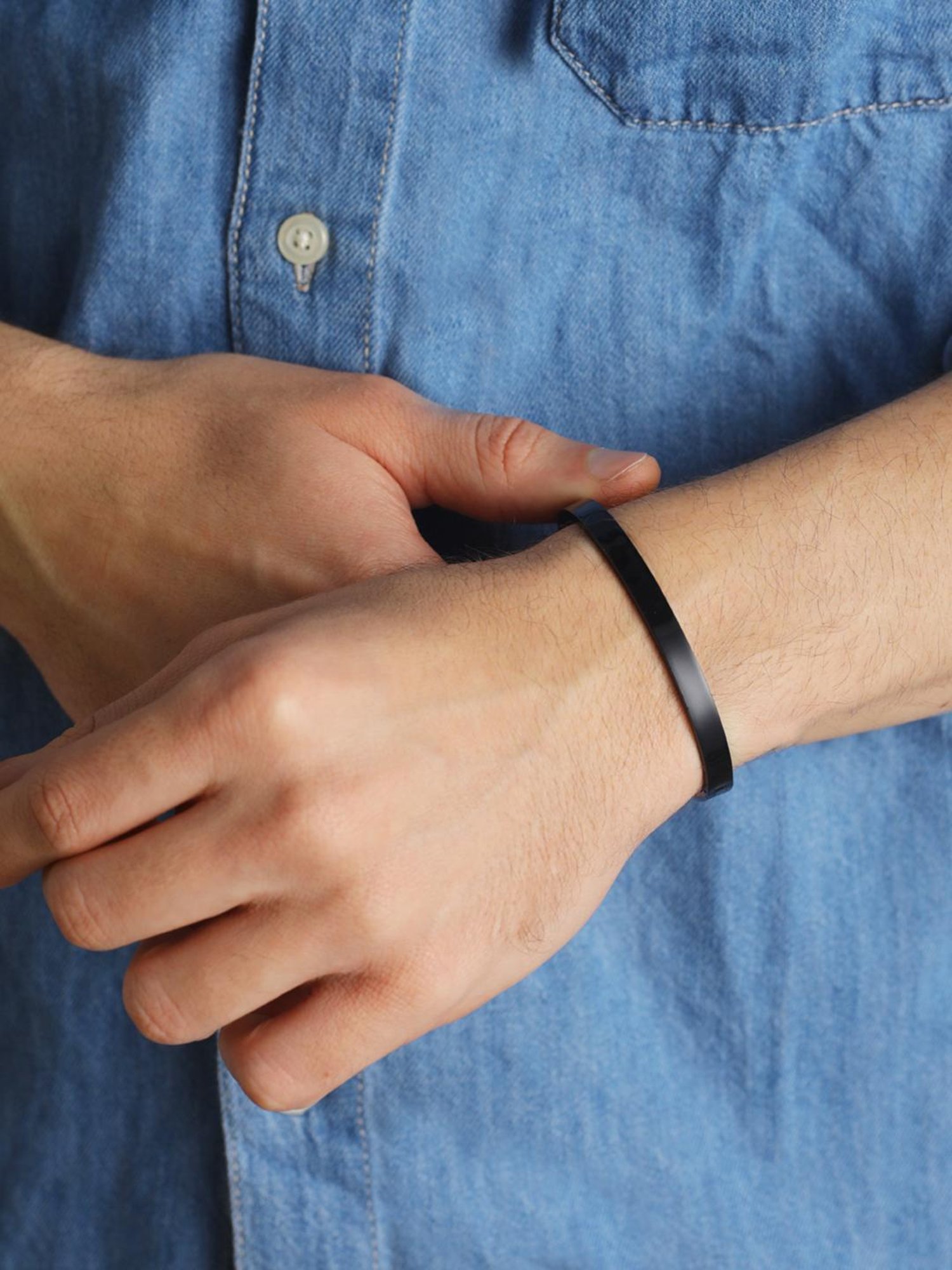 Bold by Priyaasi Trendy Black Solid Cuff Bracelet for Men