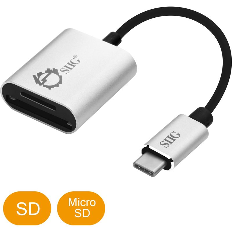 SIIG USB-C 2-in-1 Card Reader for SD & Micro SD - Silver - 2-in-1 - SD, SDHC, SDXC, TransFlash, microSD, microSDHC, microSDXC, MultiMediaCard (MMC)