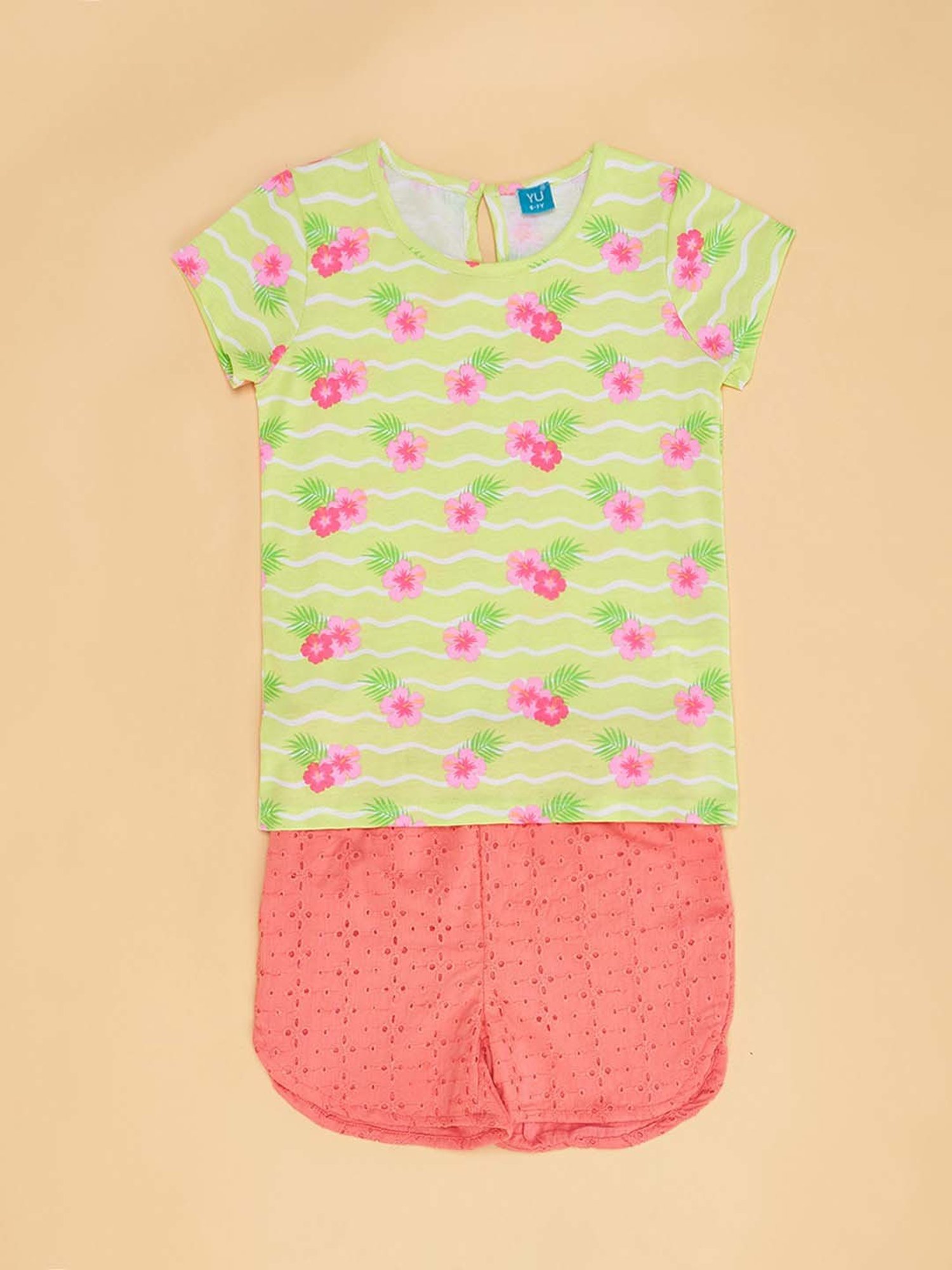 YU by Pantaloons Kids Green & Peach Cotton Floral Print T-Shirt Set
